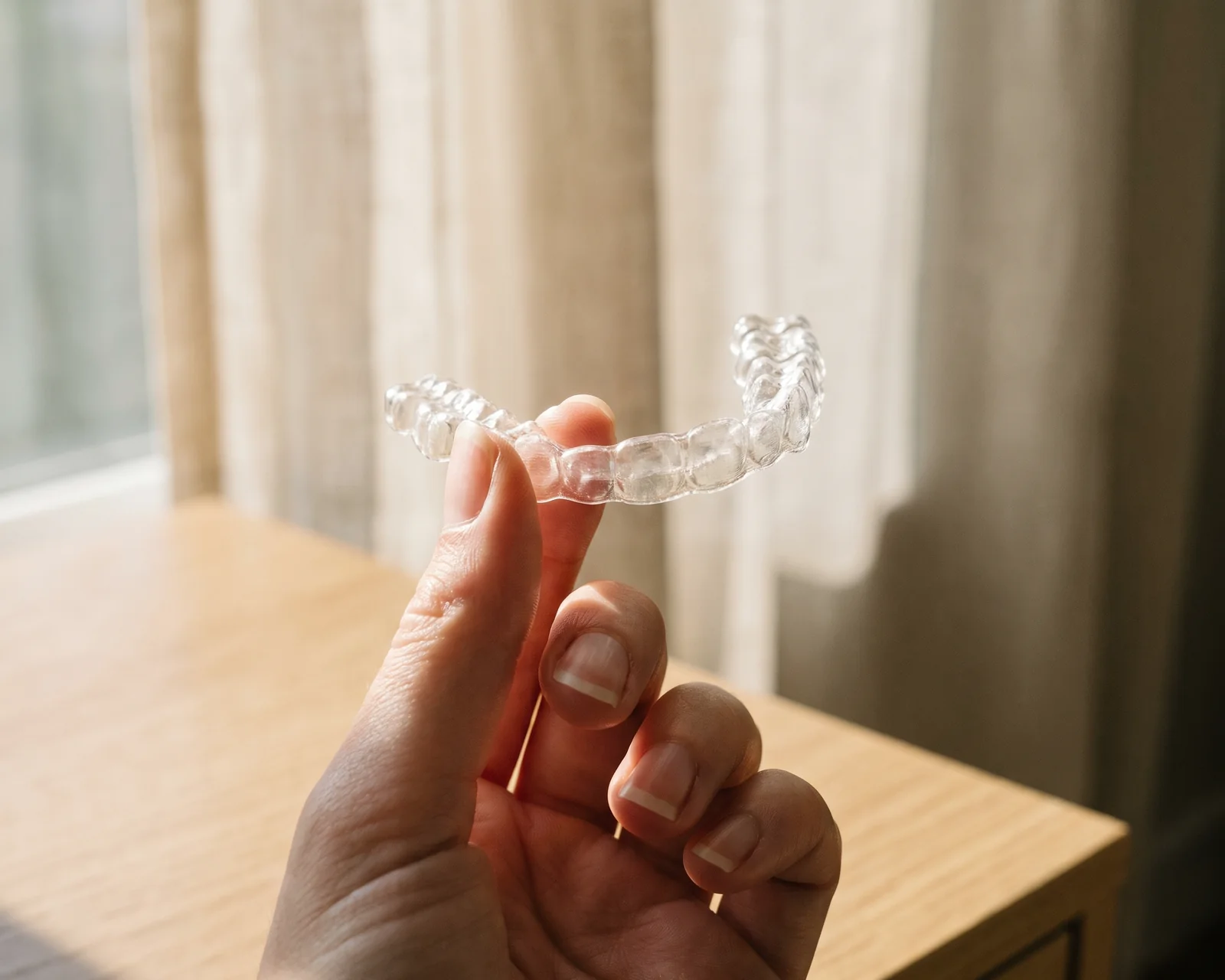Hand hält eine klare Aligner-Schiene ins Licht, illustratives Motiv