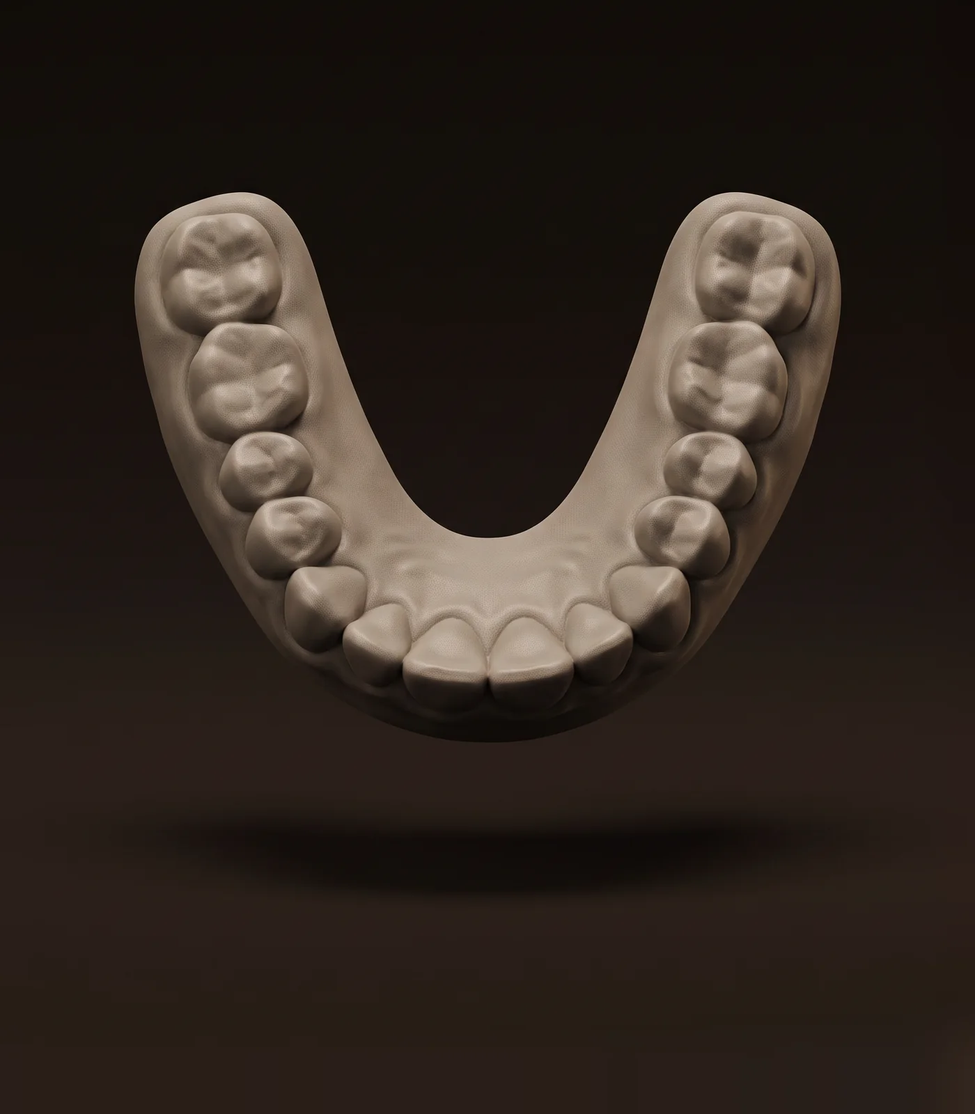 Digitales 3D-Modell eines Zahnbogens auf dunklem Grund, illustratives Motiv