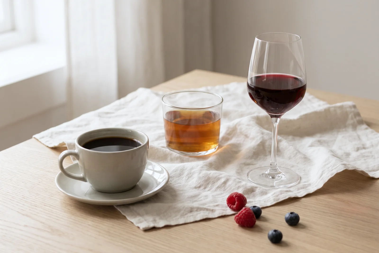 Tasse Kaffee, Glas Tee, Glas Rotwein und ein paar Beeren auf einem hellen Holztisch mit Leinentuch
